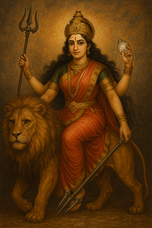 Maa Durga on lion with trident – the warrior goddess of Hindu mythology , The Nova India